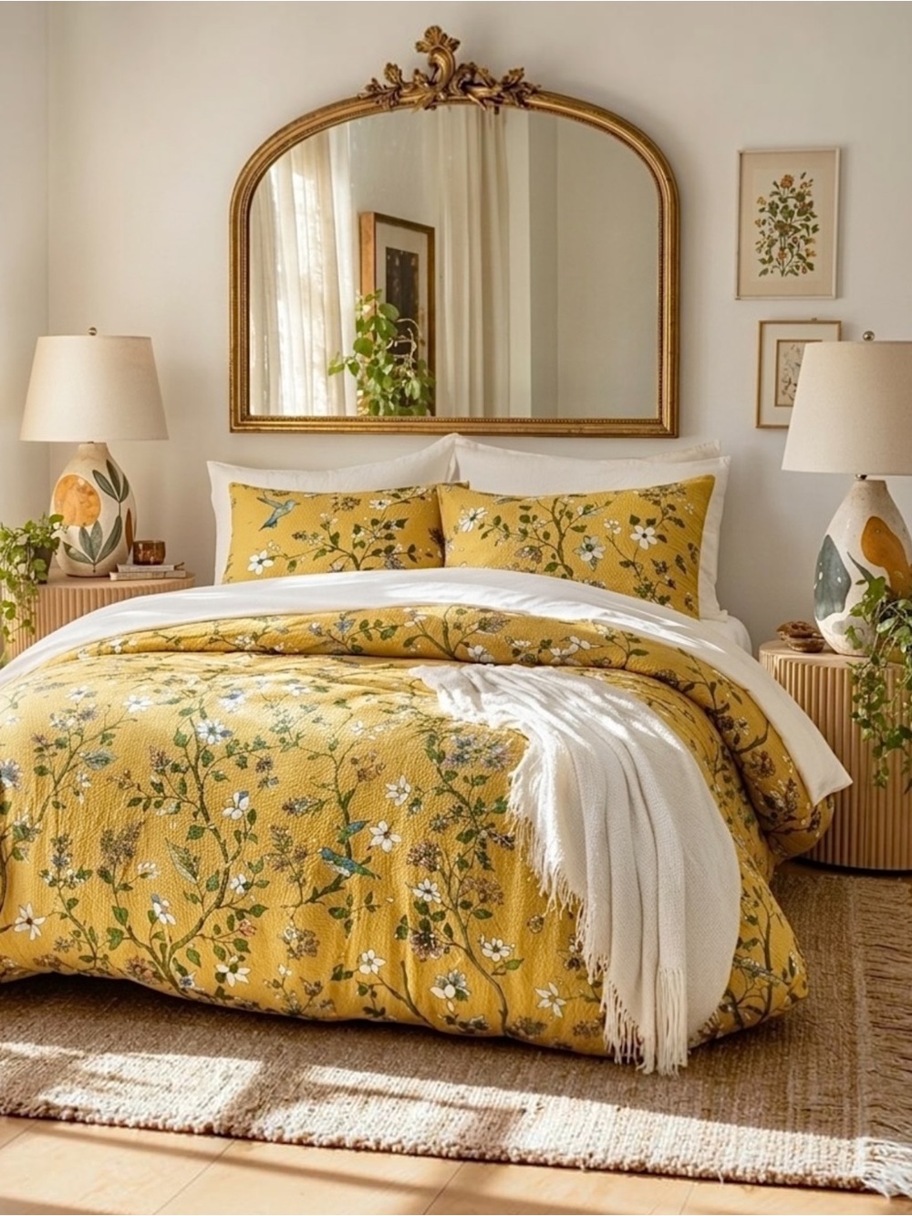 NEW Anthro Yellow Seersucker Floral Queen King Boho Comforter Bedding Sham Set